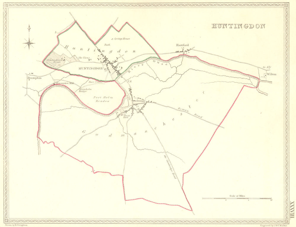 HUNTS. Huntingdon. Creighton Walker. Town Plan 1835 old antique map chart
