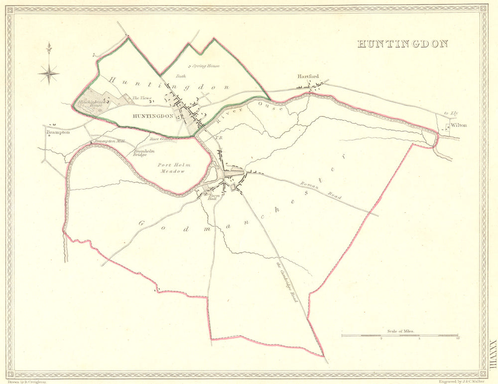 HUNTS. Huntingdon. Creighton Walker. Town Plan 1835 old antique map chart