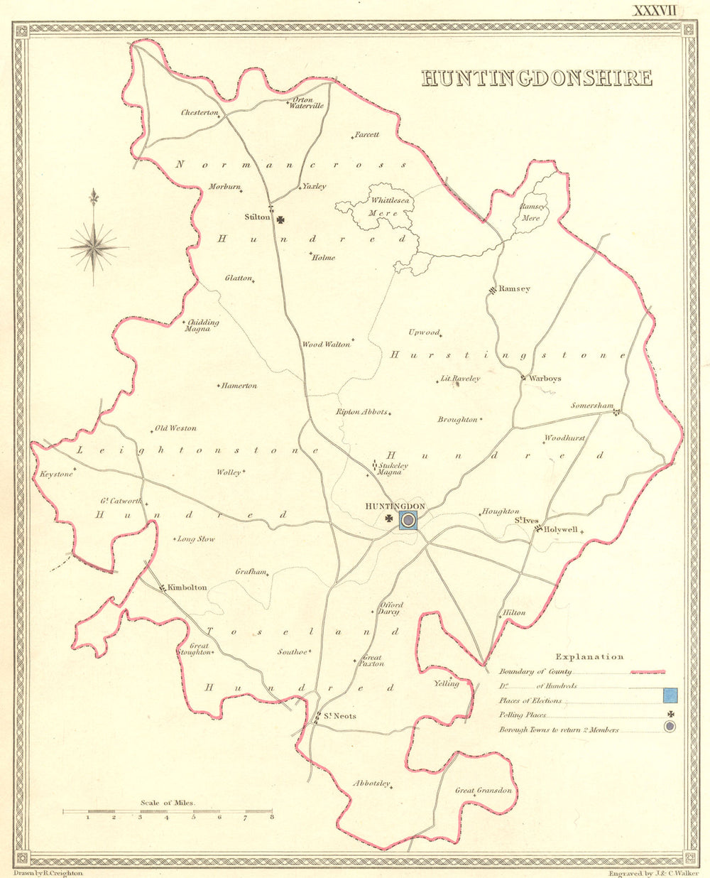 HUNTS. Huntingdonshire. Creighton Walker 1835 old antique map plan chart