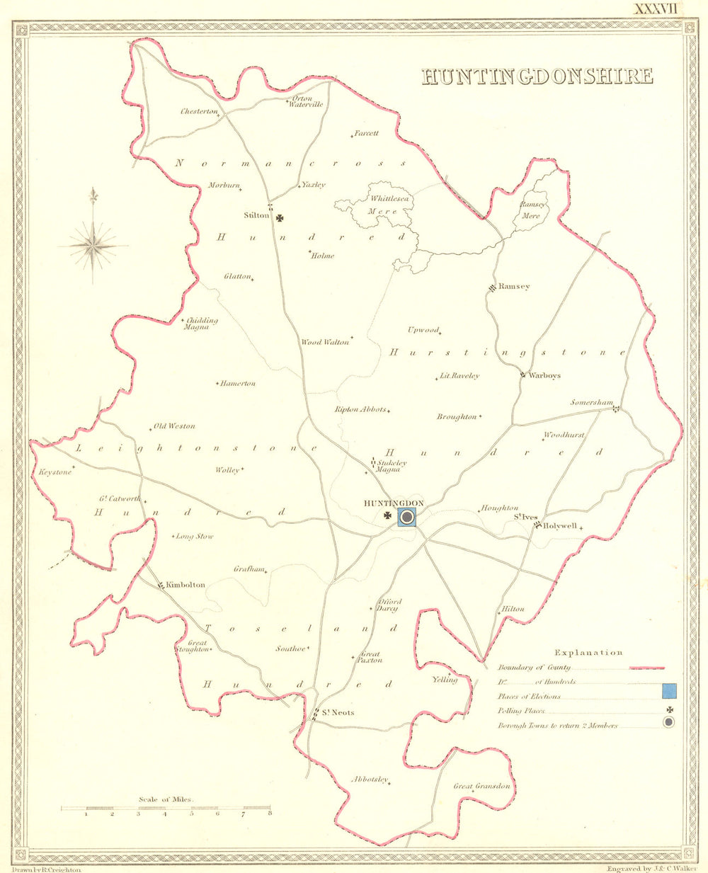 HUNTS. Huntingdonshire. Creighton Walker 1835 old antique map plan chart
