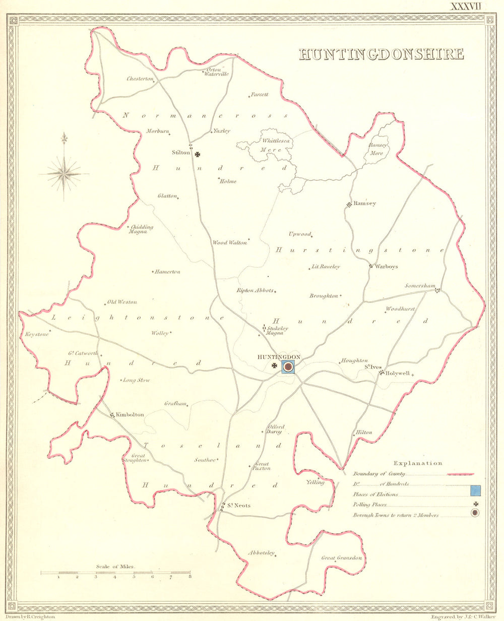 HUNTS. Huntingdonshire. Creighton Walker 1835 old antique map plan chart
