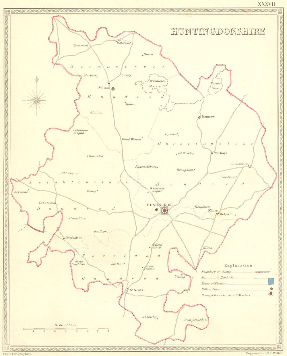 HUNTS. Huntingdonshire. Creighton Walker 1835 old antique map plan chart