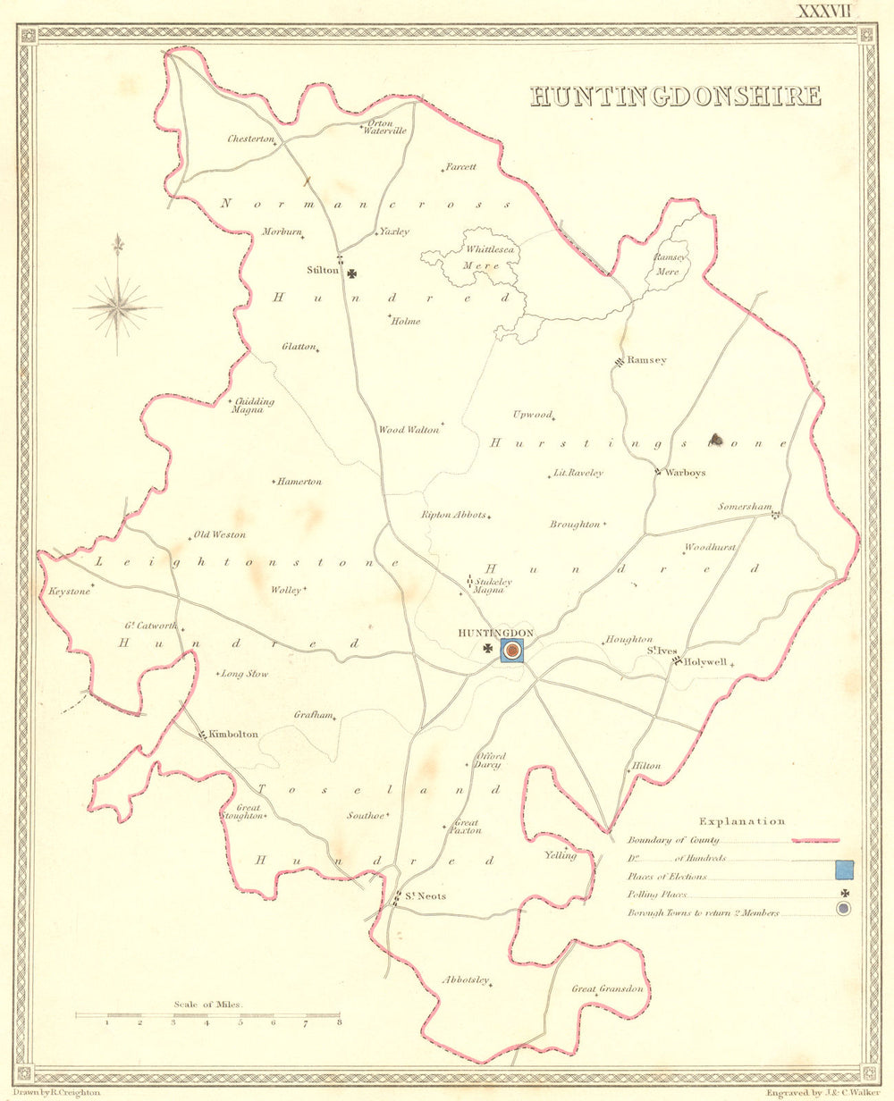 HUNTS. Huntingdonshire. Creighton Walker 1835 old antique map plan chart