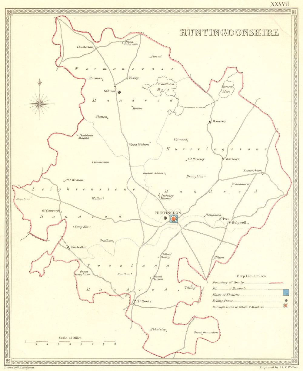HUNTS. Huntingdonshire. Creighton Walker 1835 old antique map plan chart