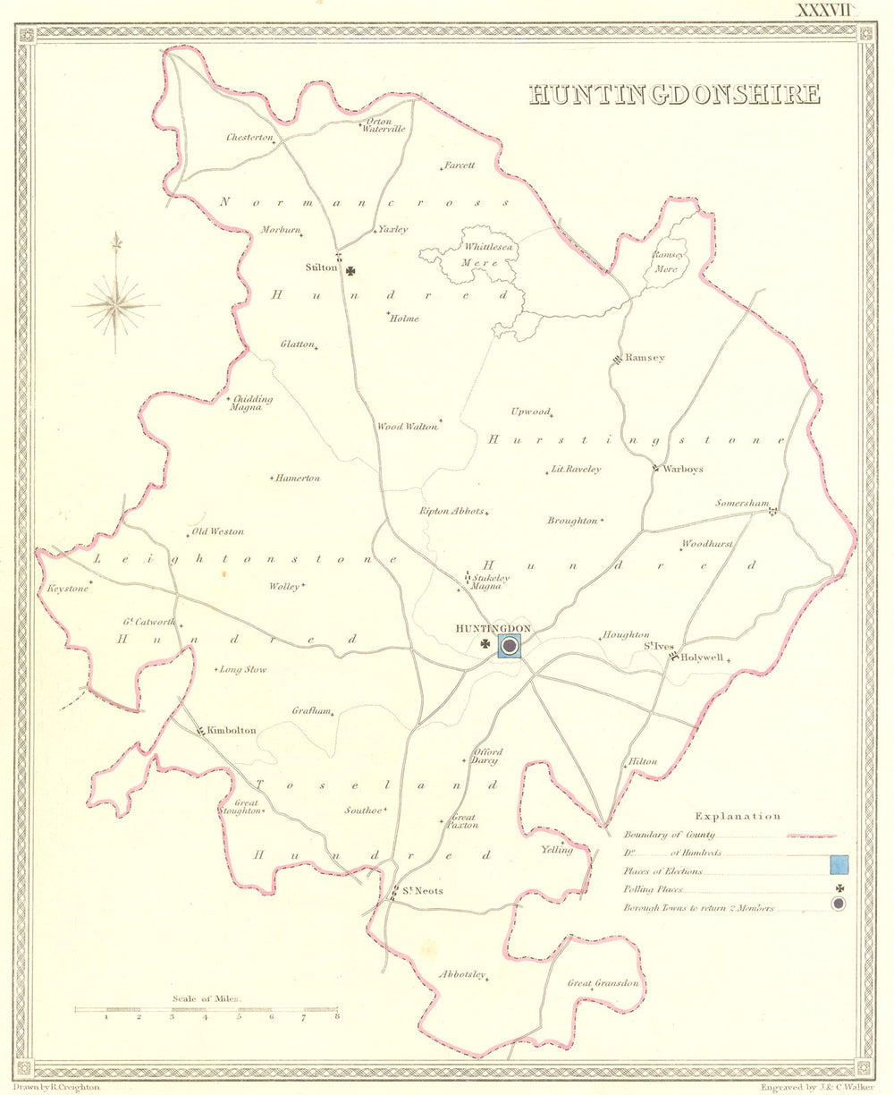 HUNTS. Huntingdonshire. Creighton Walker 1835 old antique map plan chart