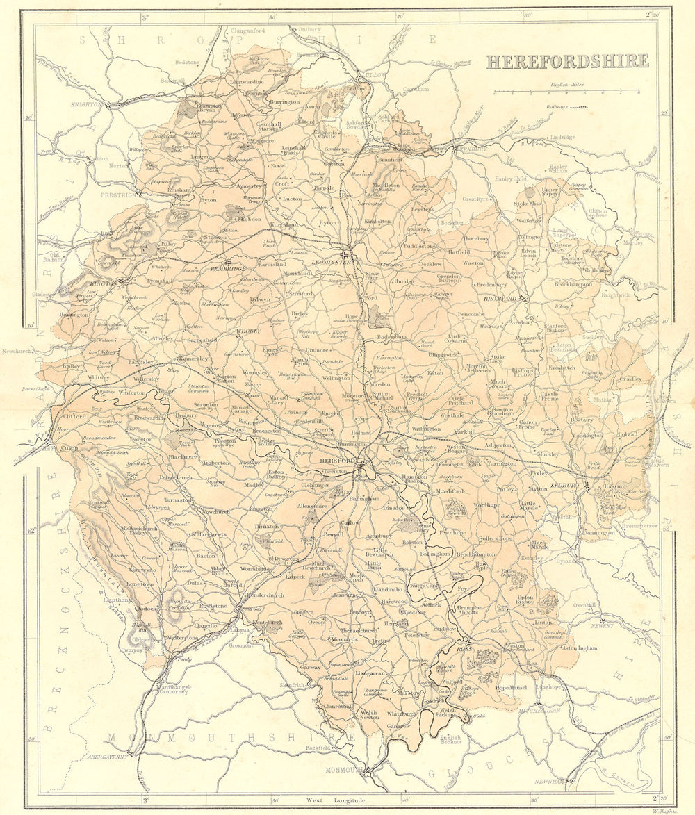 HEREFORD. Herefordshire. Virtue Hughes 1860 old antique vintage map plan chart