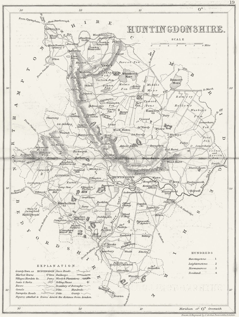 HUNTS. Huntingdonshire. Archer Dugdale c1840 old antique map plan chart