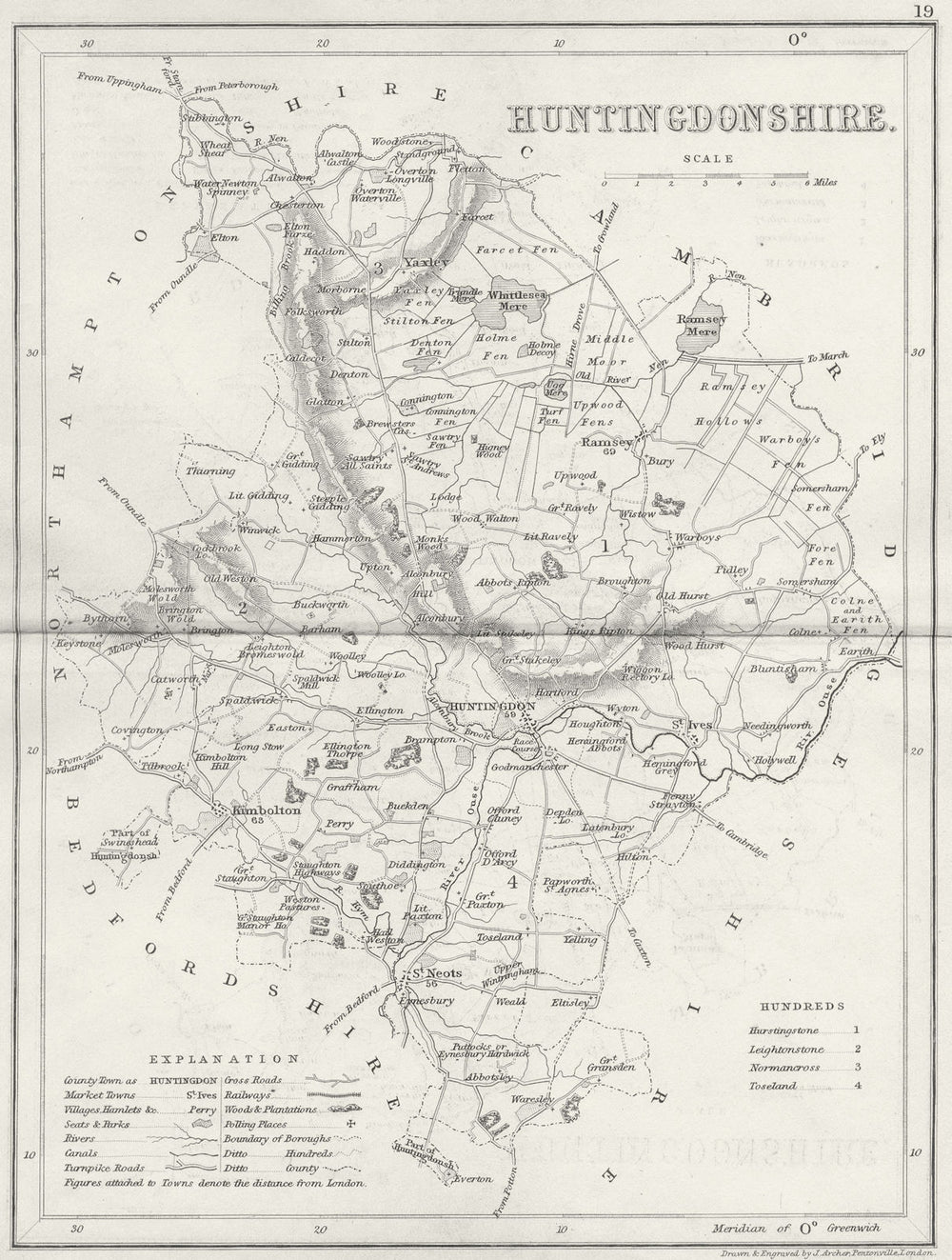 HUNTS. Huntingdonshire. Archer Dugdale c1840 old antique map plan chart