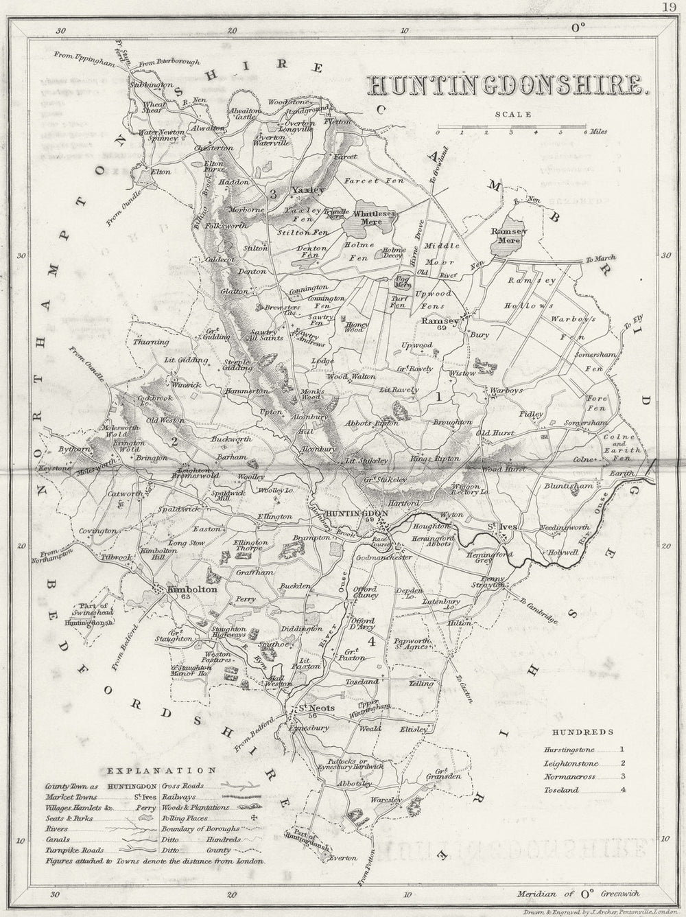 HUNTS. Huntingdonshire. Archer Dugdale c1840 old antique map plan chart