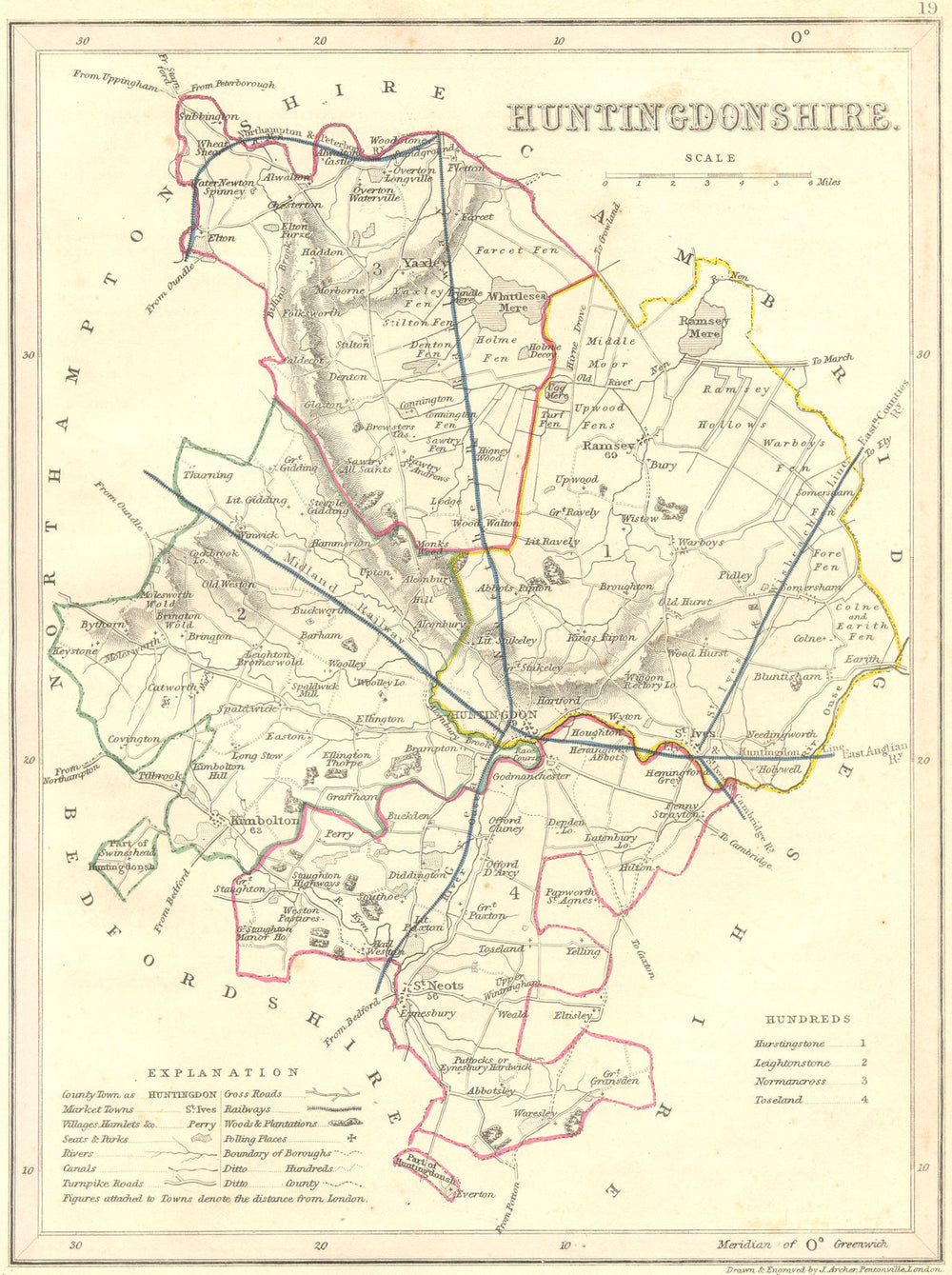HUNTS. Huntingdonshire. Archer Dugdale c1840 old antique map plan chart