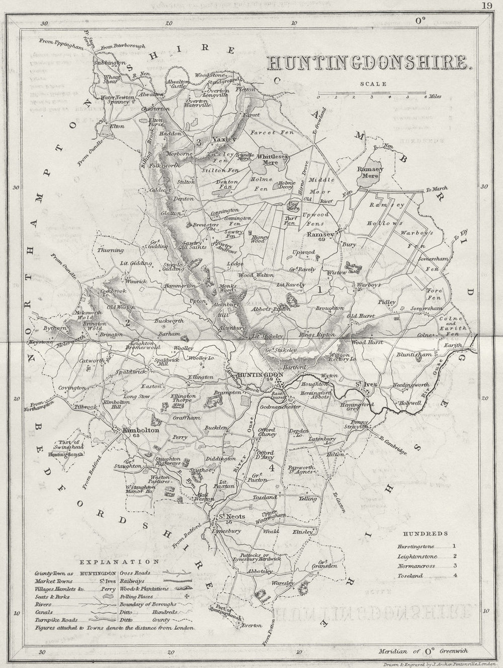 HUNTS. Huntingdonshire. Archer Dugdale c1840 old antique map plan chart