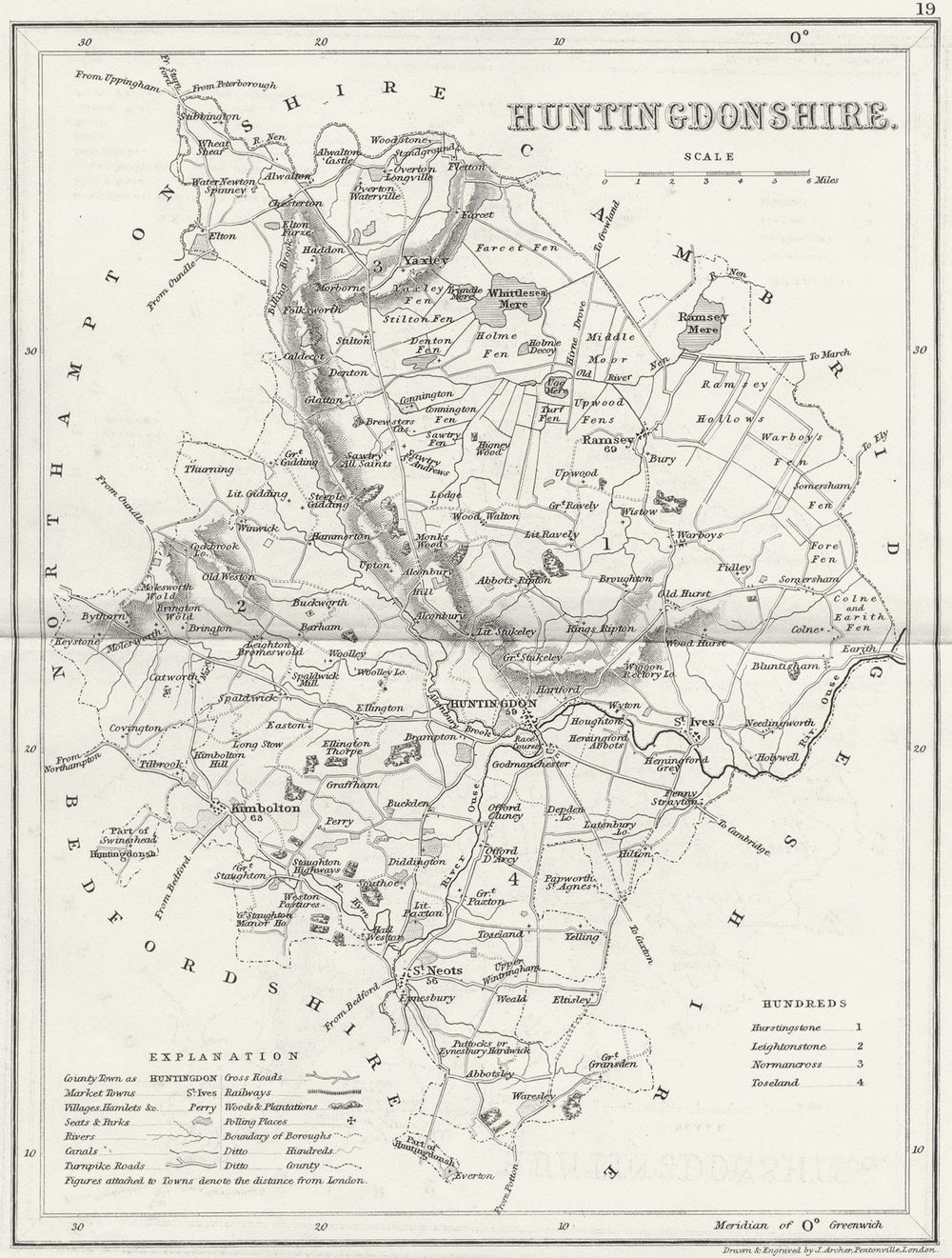 HUNTS. Huntingdonshire. Archer Dugdale c1840 old antique map plan chart