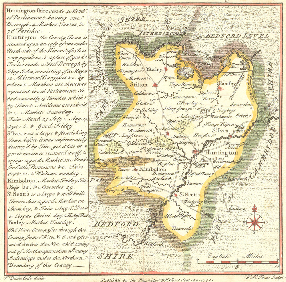 HUNTS. Huntingdonshire. Badeslade Toms 2nd Ed 1745 old antique map plan chart
