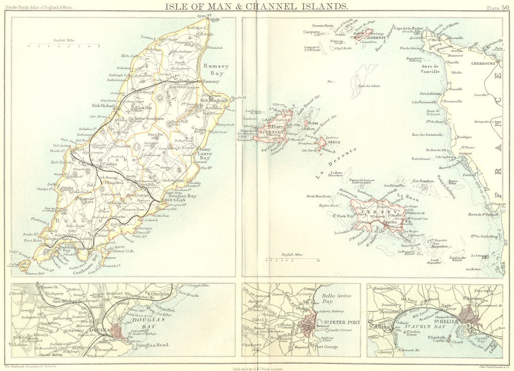 ISLE OF MAN CHANNEL ISLANDS. JERSEY Guernsey 1892 old antique map plan chart