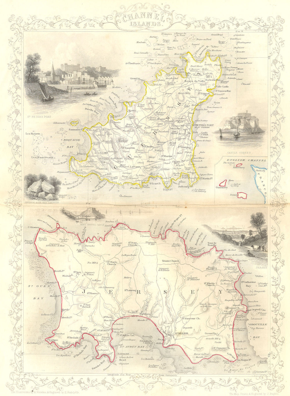 CHANNEL ISLES. Tallis Jersey Guernsey 1855 old antique vintage map plan chart