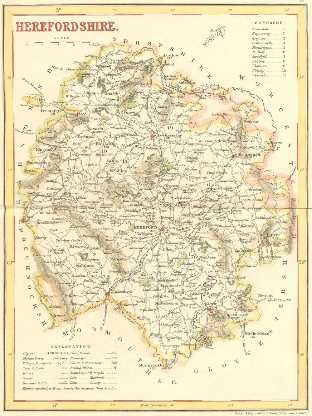 HEREFORD. Herefordshire. Archer Dugdale c1840 old antique map plan chart