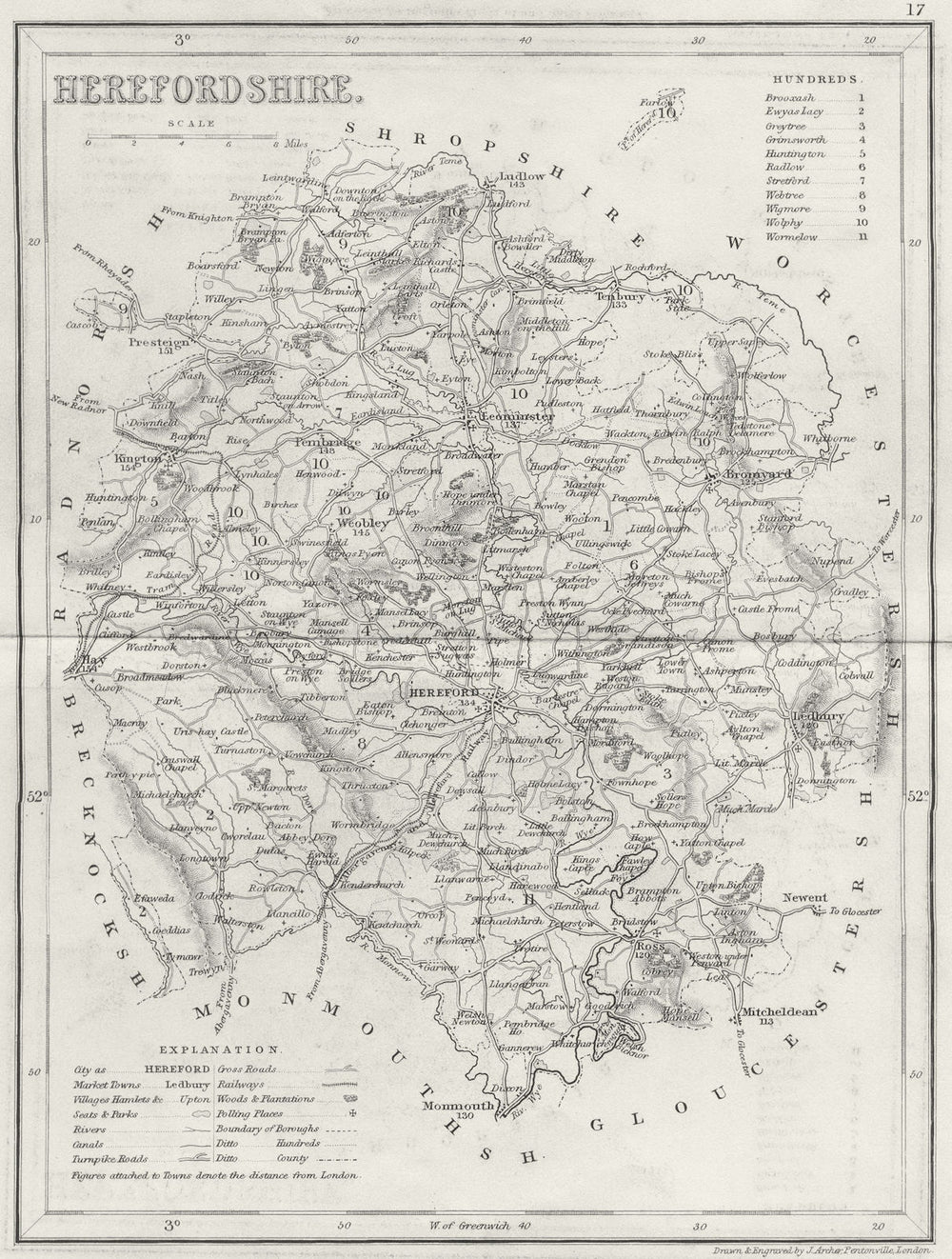 HEREFORD. Herefordshire. Archer Dugdale c1840 old antique map plan chart