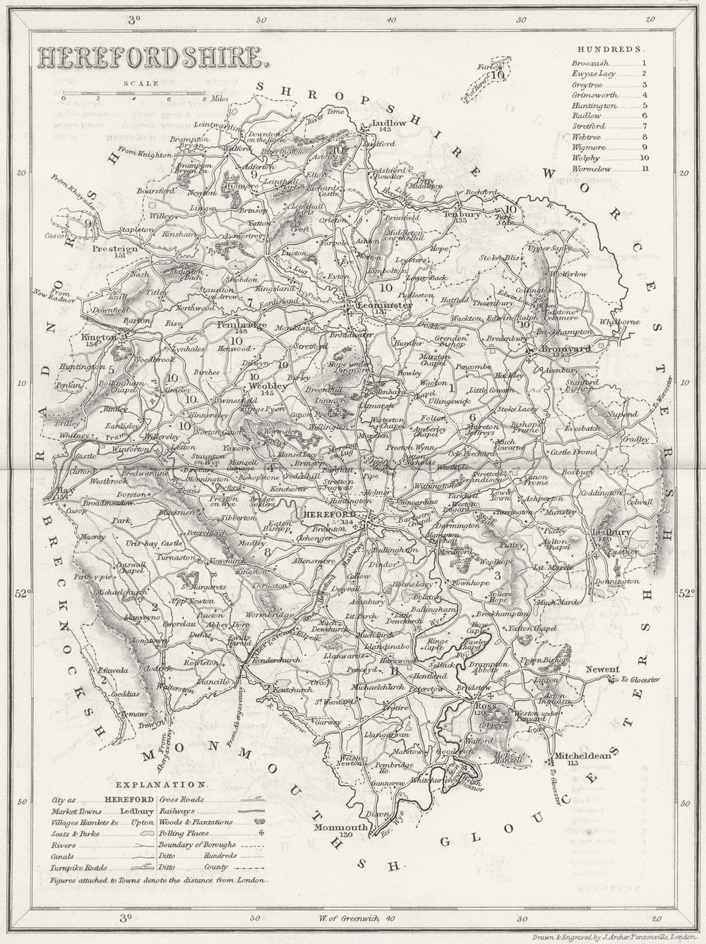 HEREFORD. Herefordshire. Archer Dugdale c1840 old antique map plan chart