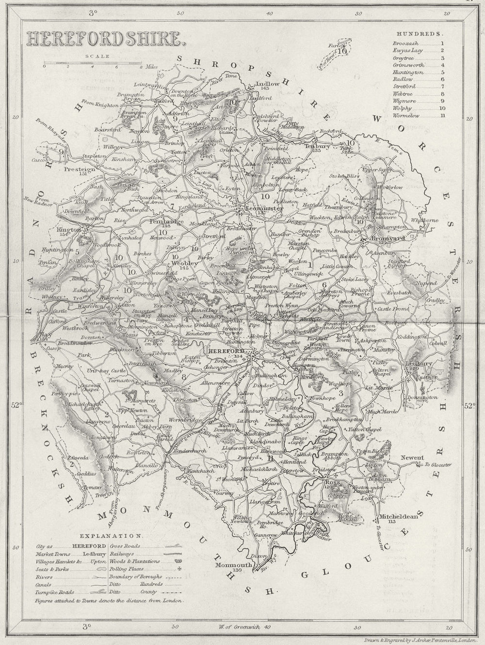 HEREFORD. Herefordshire. Archer Dugdale c1840 old antique map plan chart