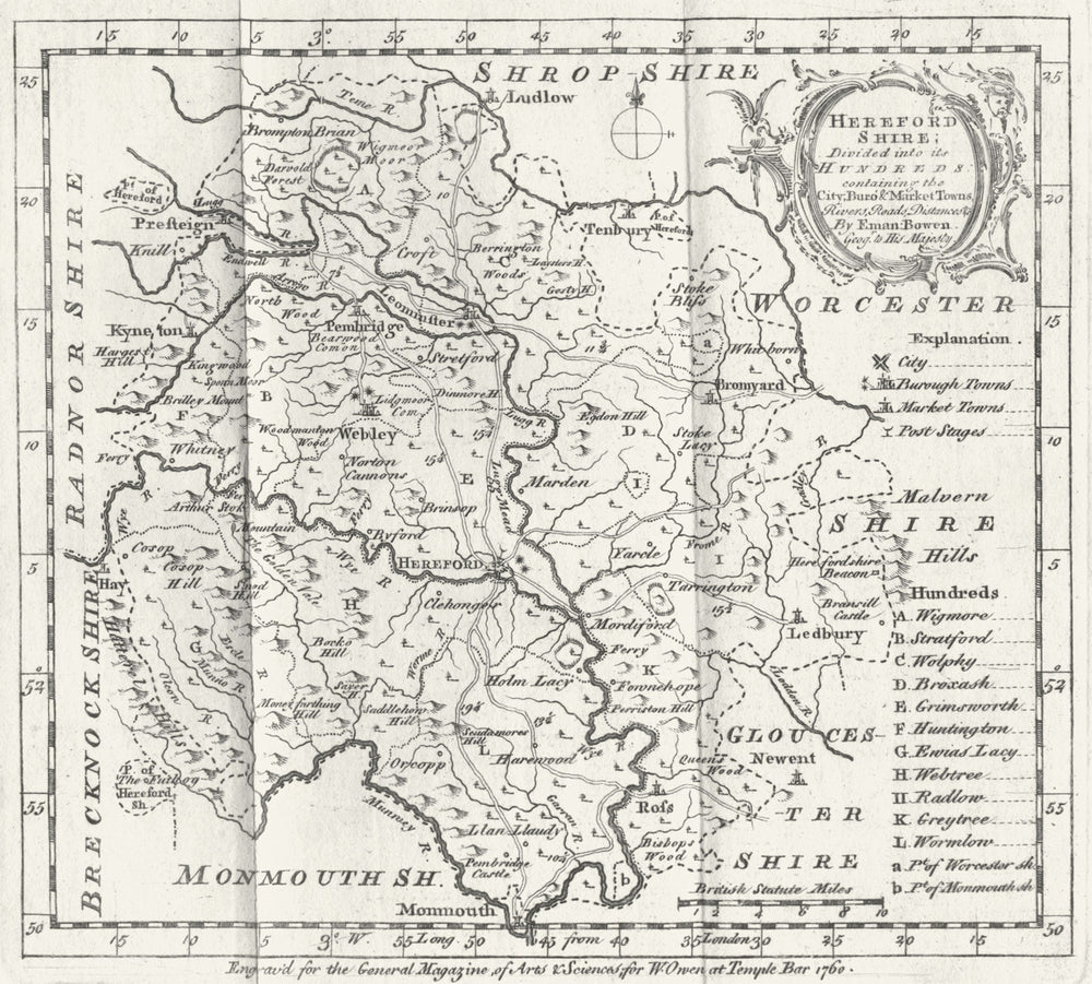 HEREFORD. Herefordshire ; Bowen 1749 old antique vintage map plan chart