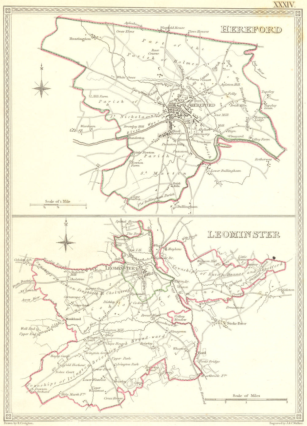HEREFORD. Leominster. Creighton Walker. Town Plan 1837 old antique map chart