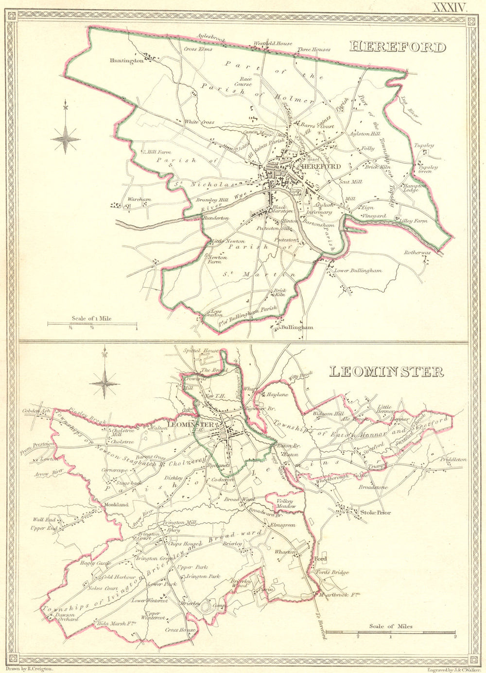 HEREFORD. Leominster. Creighton Walker. Town Plan 1835 old antique map chart