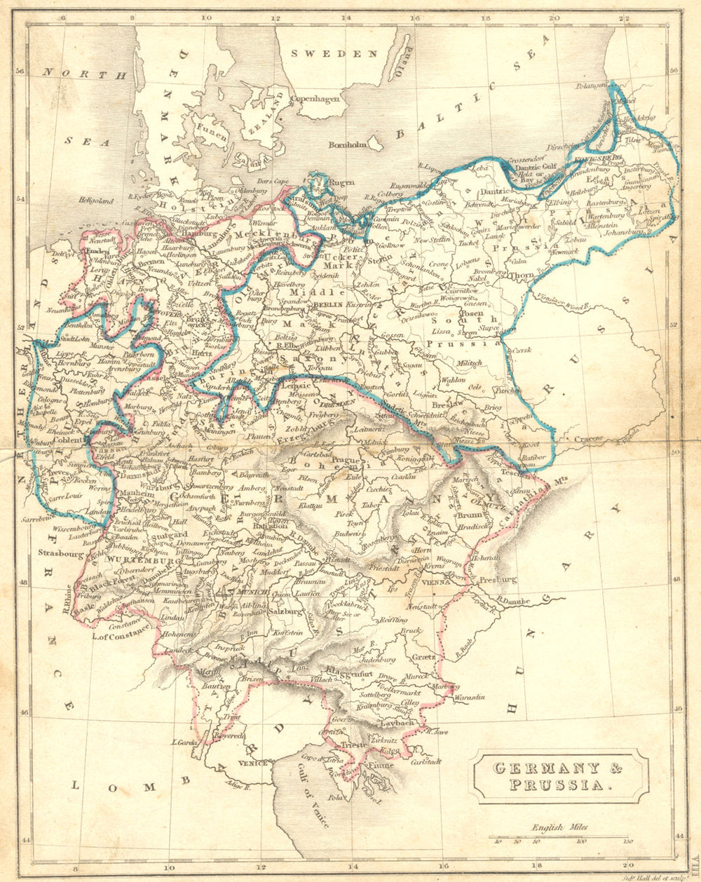 GERMANY. & Prussia. Hall 1850 old antique vintage map plan chart
