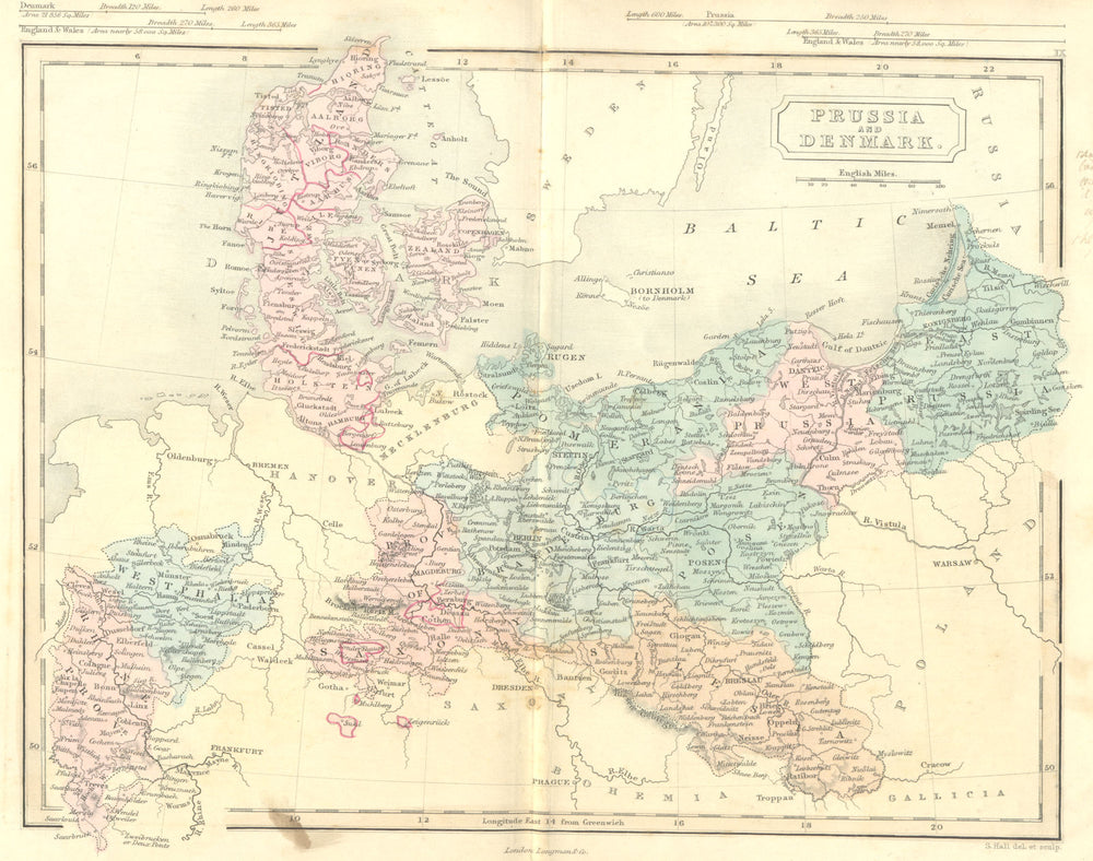 GERMANY. Prussia & Denmark. Hall 1851 old antique vintage map plan chart