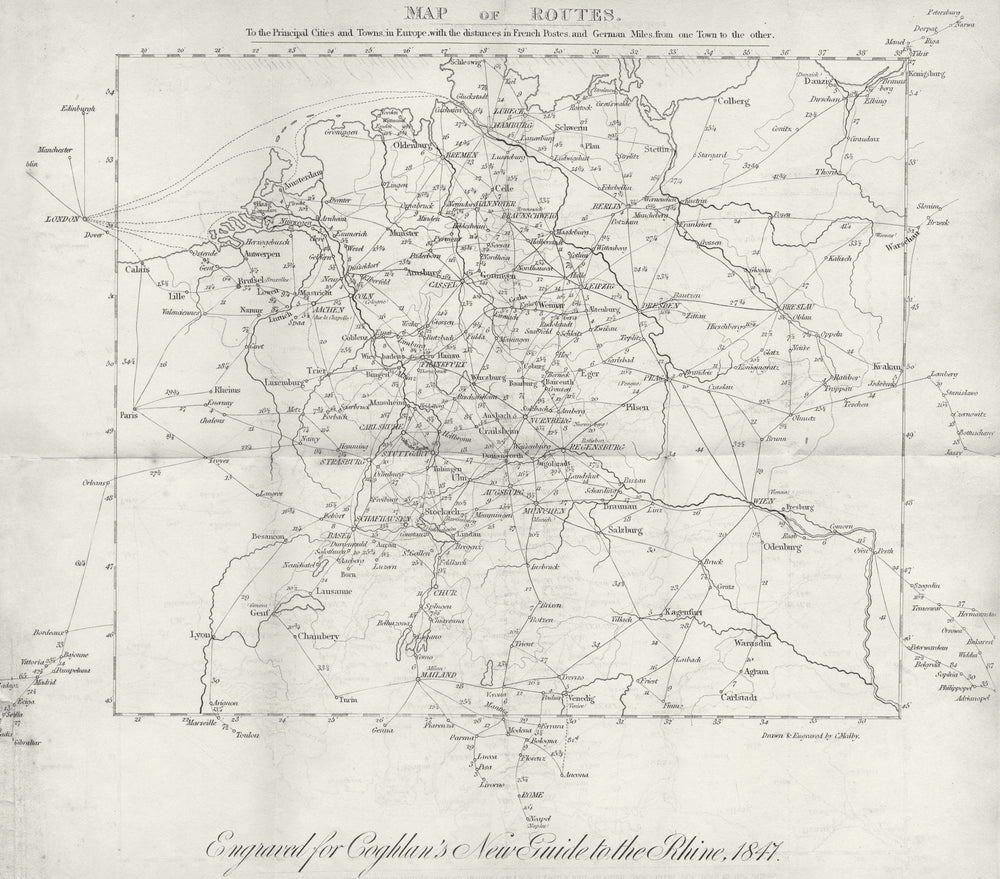 GERMANY. Route distances Postes Miles; Coghlan 1837 old antique map plan chart