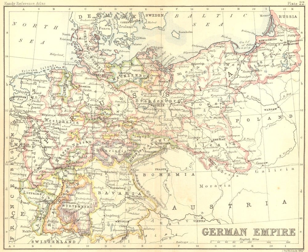 GERMANY. German Empire. Bartholomew Walker 1888 old antique map plan chart