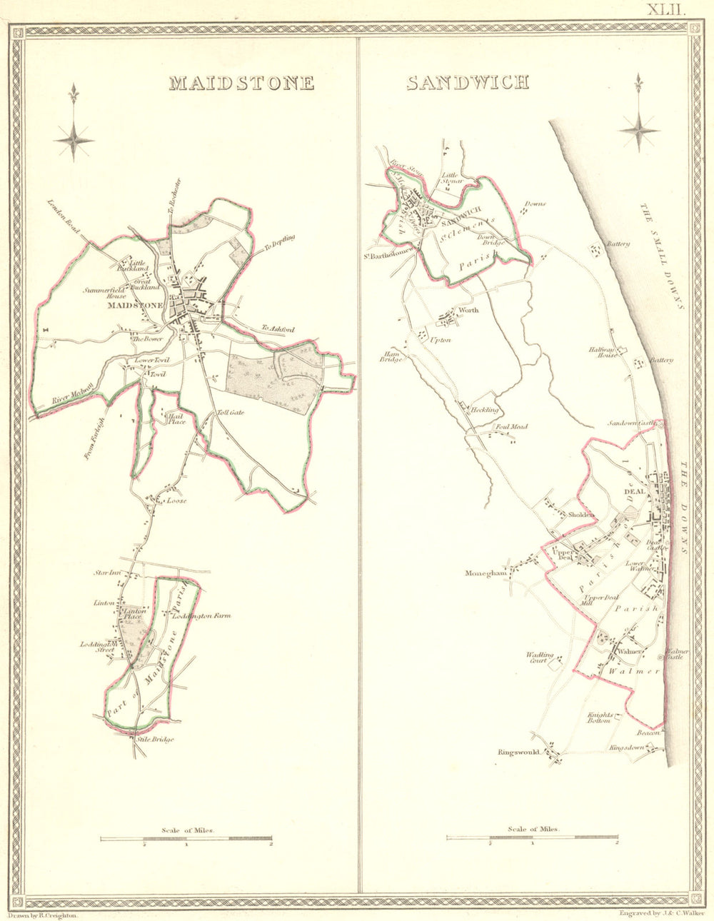 MAIDSTONE SANDWICH. Town Plan. Creighton Walker 1837 old antique map chart