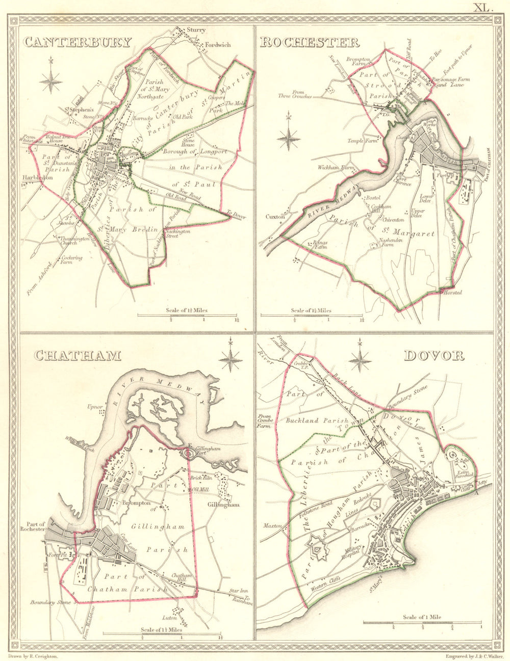 CANTERBURY; CHATHAM; ROCHESTER; DOVER. Town Plan 1835 old antique map chart