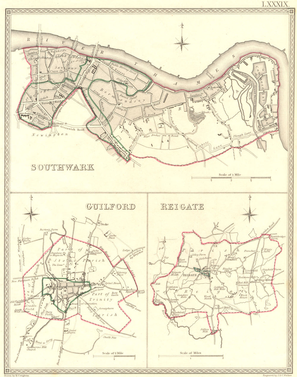 SOUTHWARK; GUILDFORD; REIGATE. Town Plan 1835 old antique map chart