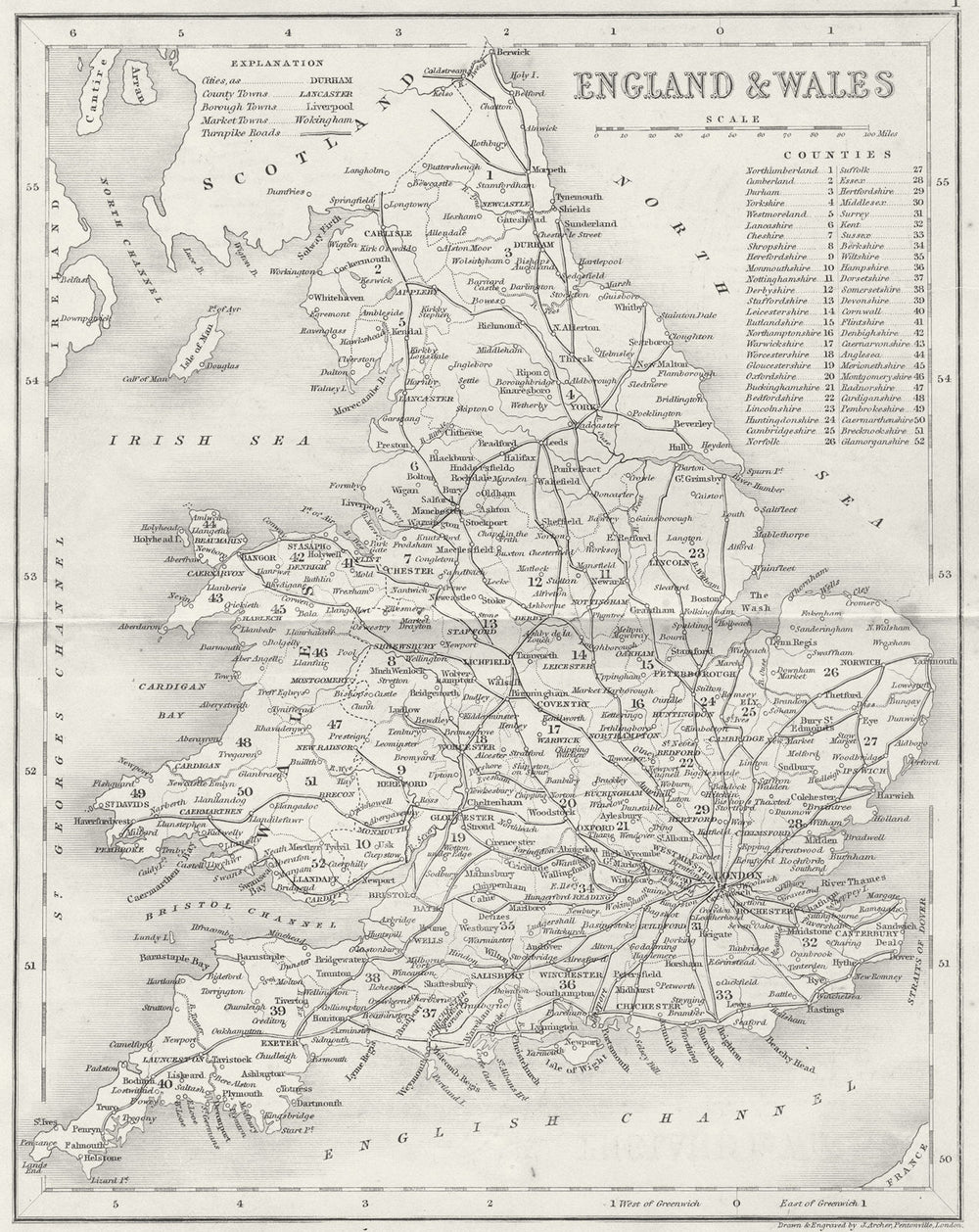 UK. England Wales. Archer Dugdale. roads c1840 old antique map plan chart