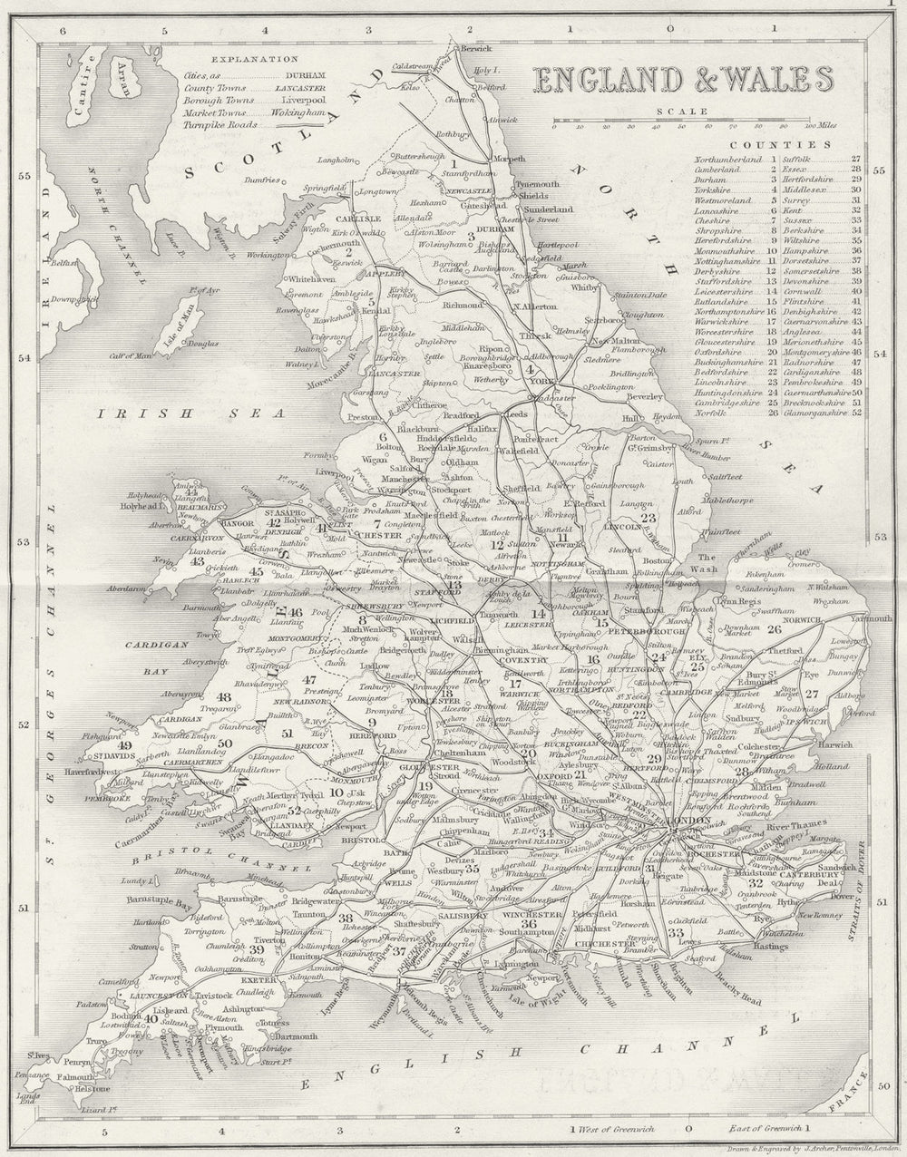 ENGLAND WALES. Archer Dugdale. roads c1840 old antique vintage map plan chart