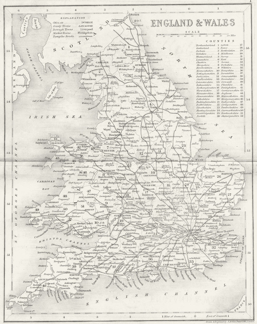 ENGLAND WALES. Archer Dugdale. roads c1840 old antique vintage map plan chart