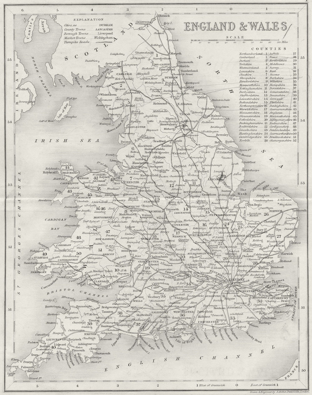 ENGLAND WALES. Archer Dugdale. roads c1840 old antique vintage map plan chart