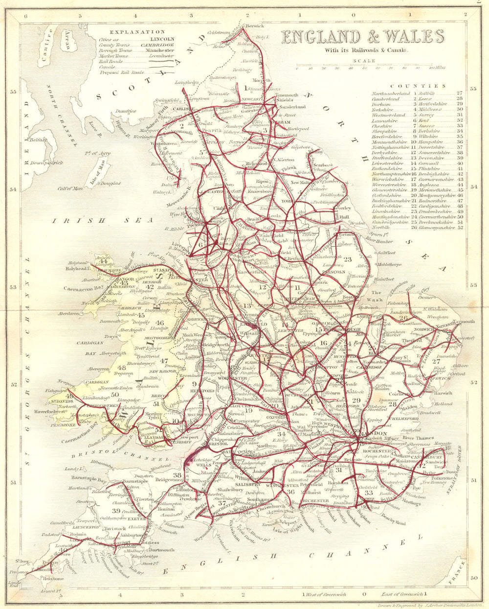 ENGLAND WALES. Railroads canals. Archer Dugdale c1840 old antique map chart