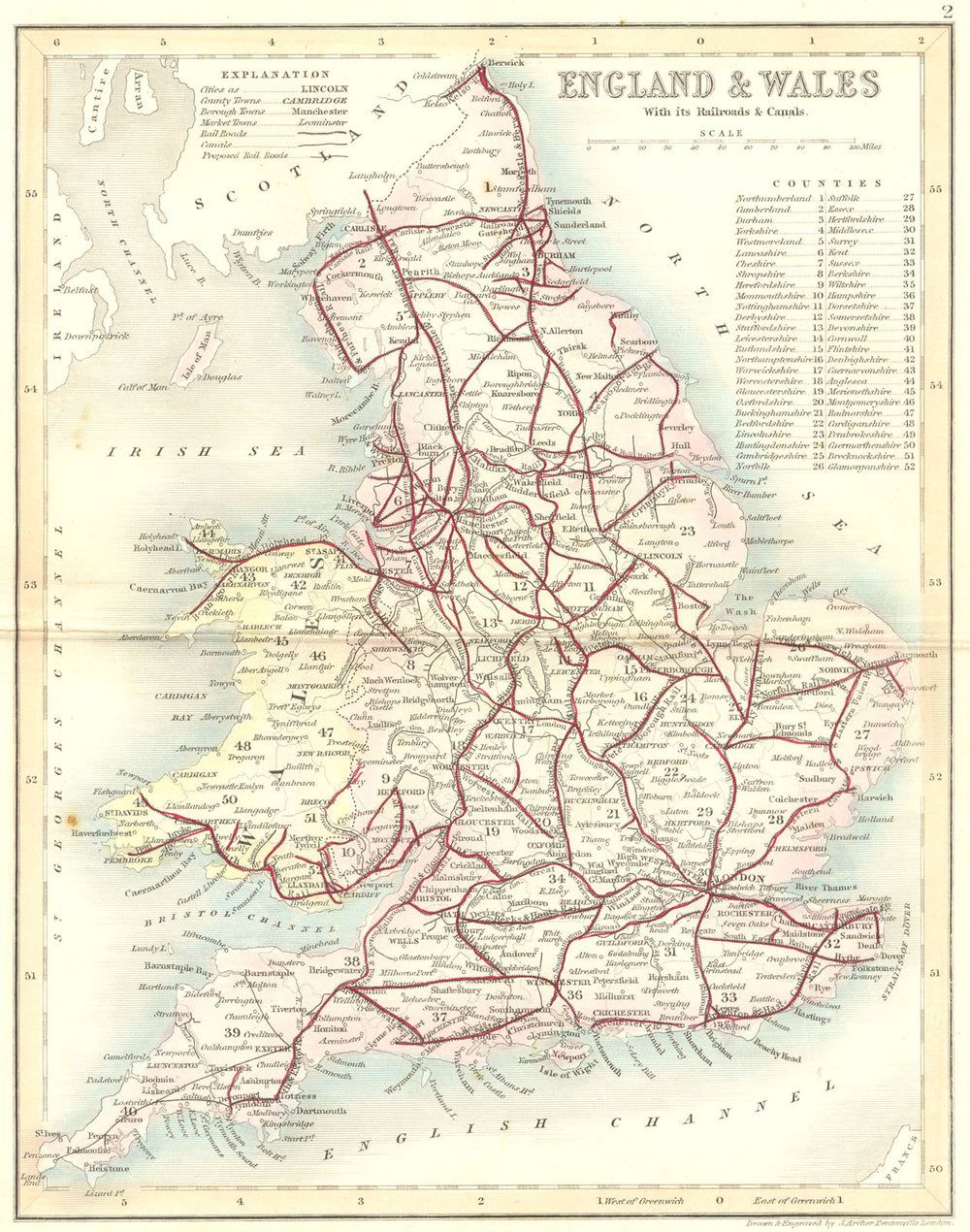 ENGLAND WALES. Railroads canals. Archer Dugdale c1840 old antique map chart