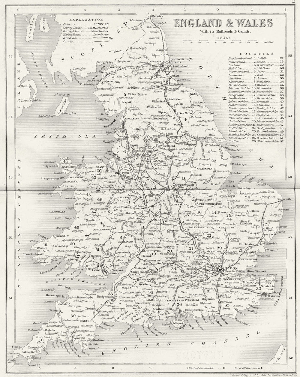 ENGLAND WALES. Railways canals. Archer Dugdale c1840 old antique map chart
