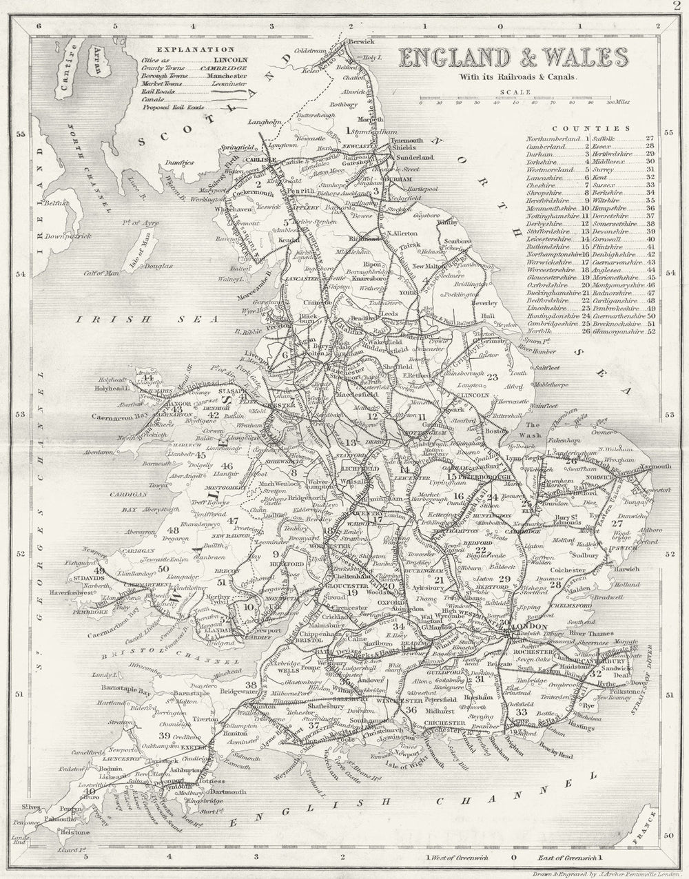 ENGLAND WALES. Railways canals. Archer Dugdale c1840 old antique map chart