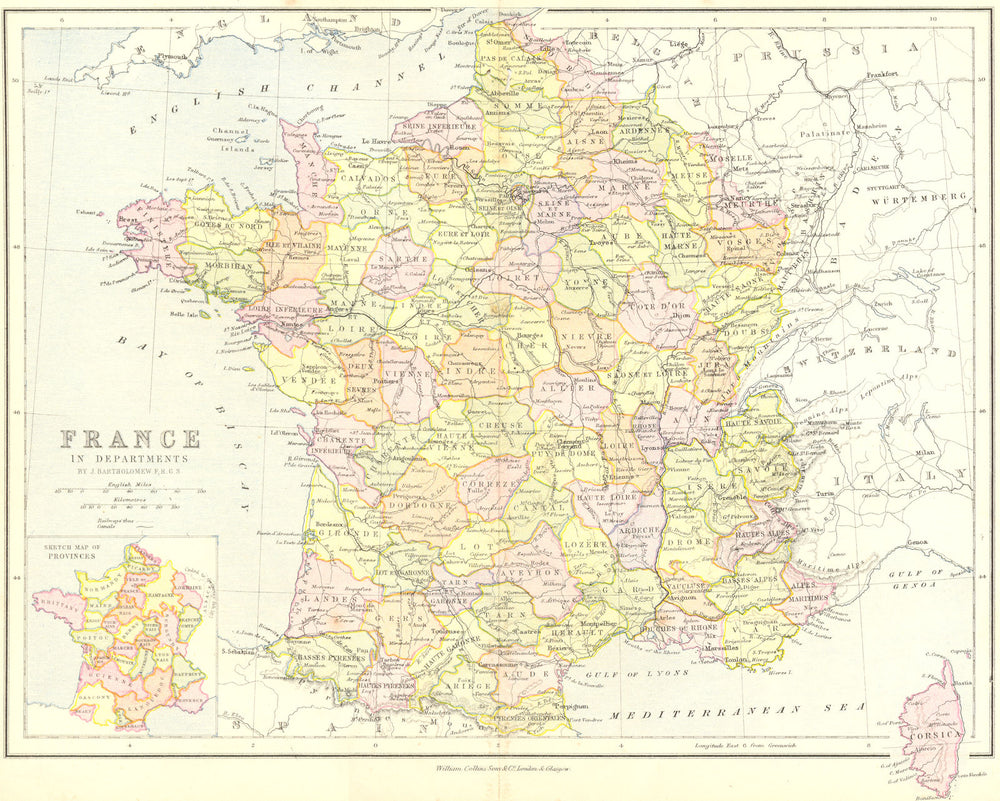 FRANCE. Departments; inset Provinces. Collins 1870 old antique map plan chart