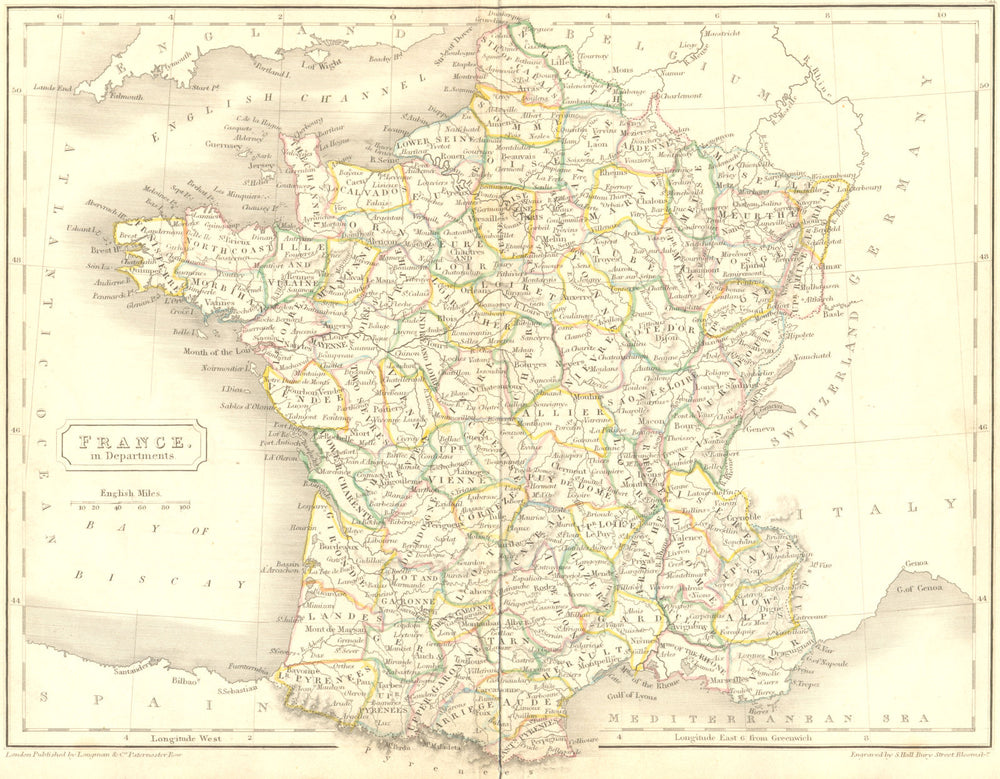 FRANCE. Departments. Butler Hall 1844 old antique vintage map plan chart