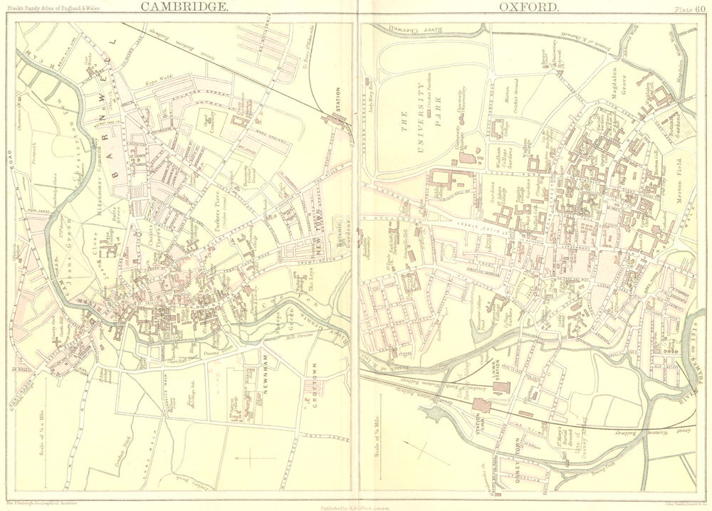 OXON CAMBS. Cambridge Oxford. Town Plans. Black 1892 old antique map chart