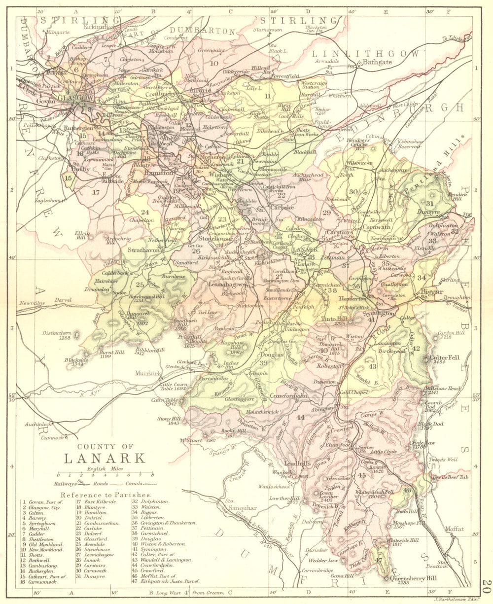 SCOTLAND. Lanark. Lanarkshire. Philip 1891 old antique vintage map plan chart