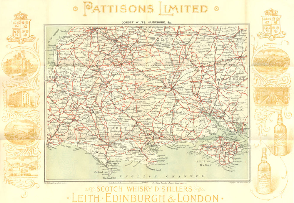 DORSET WILTS HANTS. Cyclists Rd map; PATTISONS 1900 old antique plan chart