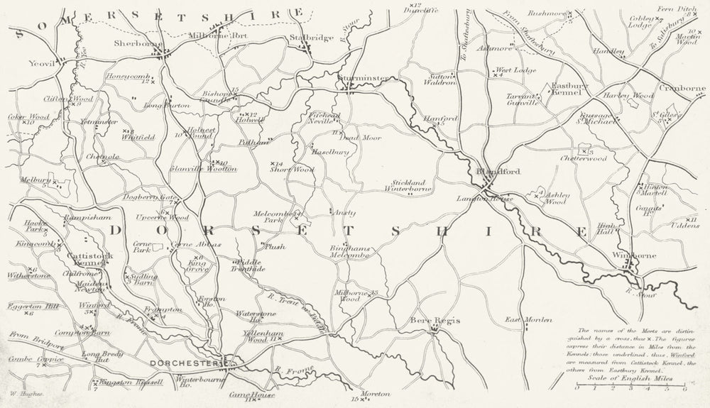DORSET. Hunting. Dorchester Sherborne Blandford 1842 old antique map chart