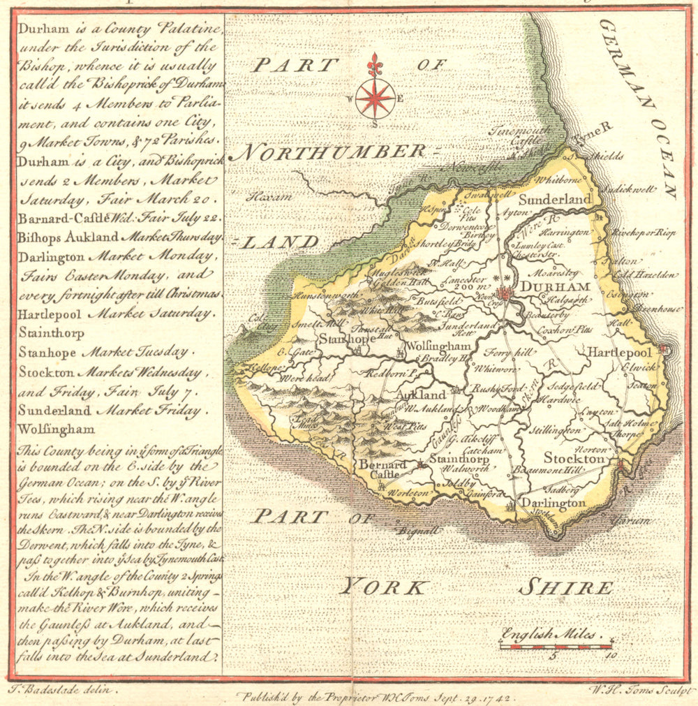 DURHAM. Bishoprick. Badeslade Toms 2nd Edition 1745 old antique map plan chart