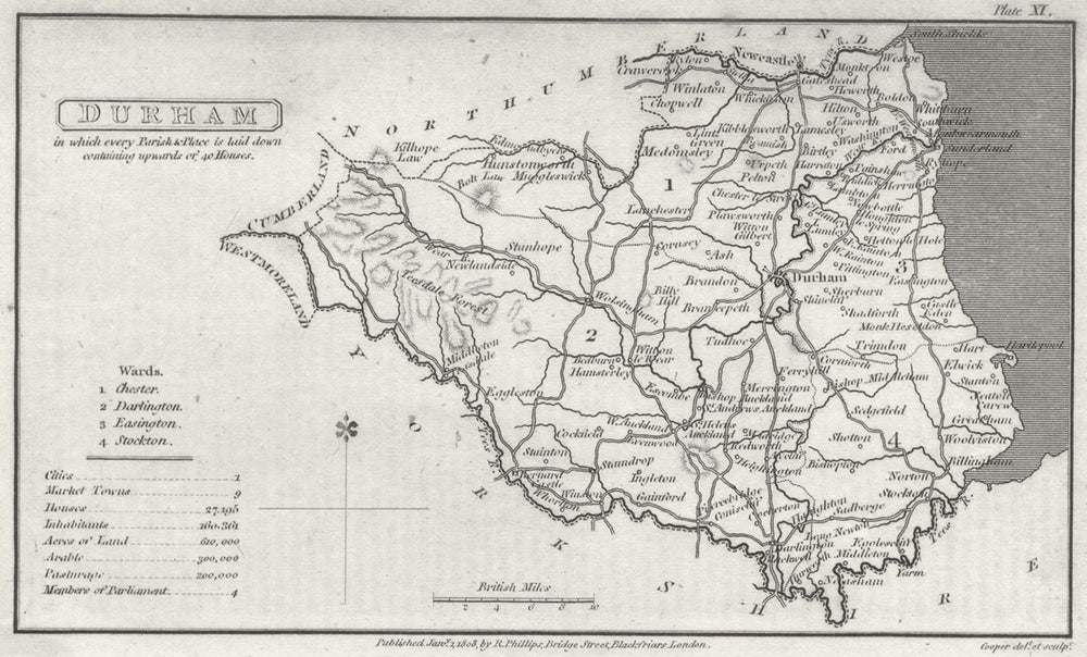 DURHAM. Capper. Uncommon 1808 old antique vintage map plan chart