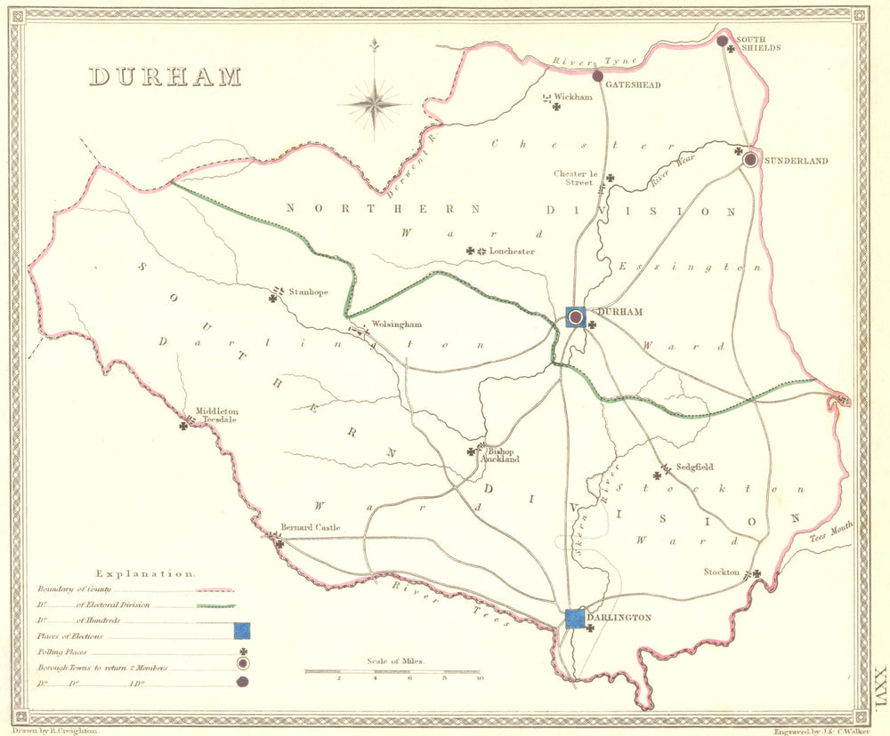 DURHAM. Creighton Walker 1837 old antique vintage map plan chart
